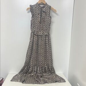 THML Maxi Dress, Snakeskin, Ruffle Tie Neck, Tiered, Sleeveless w/Ruffle, XS